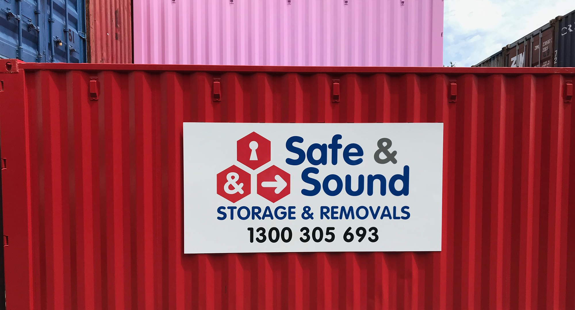 red safe and sound shipping container storage banner